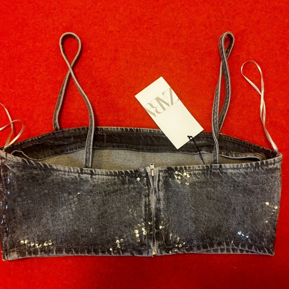 Zara light grey shiny denim crop foil sequin top made in Europe NWT - Picture 5 of 11